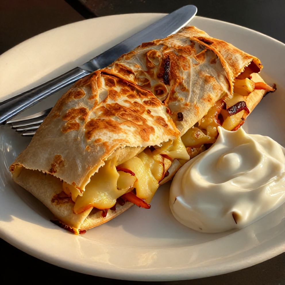 Cheesy potato burrito on a plate with a fork and knife