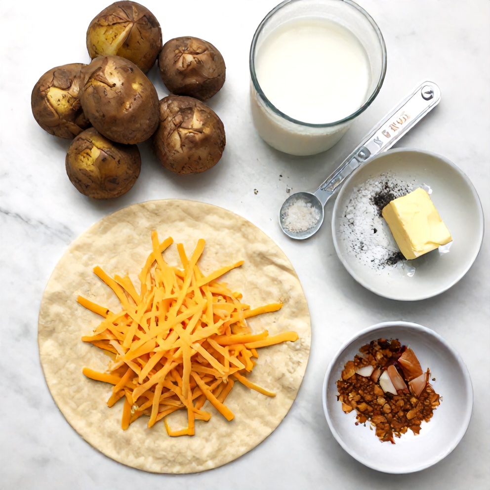Raw ingredients for cheesy potato burritos on a marble surface