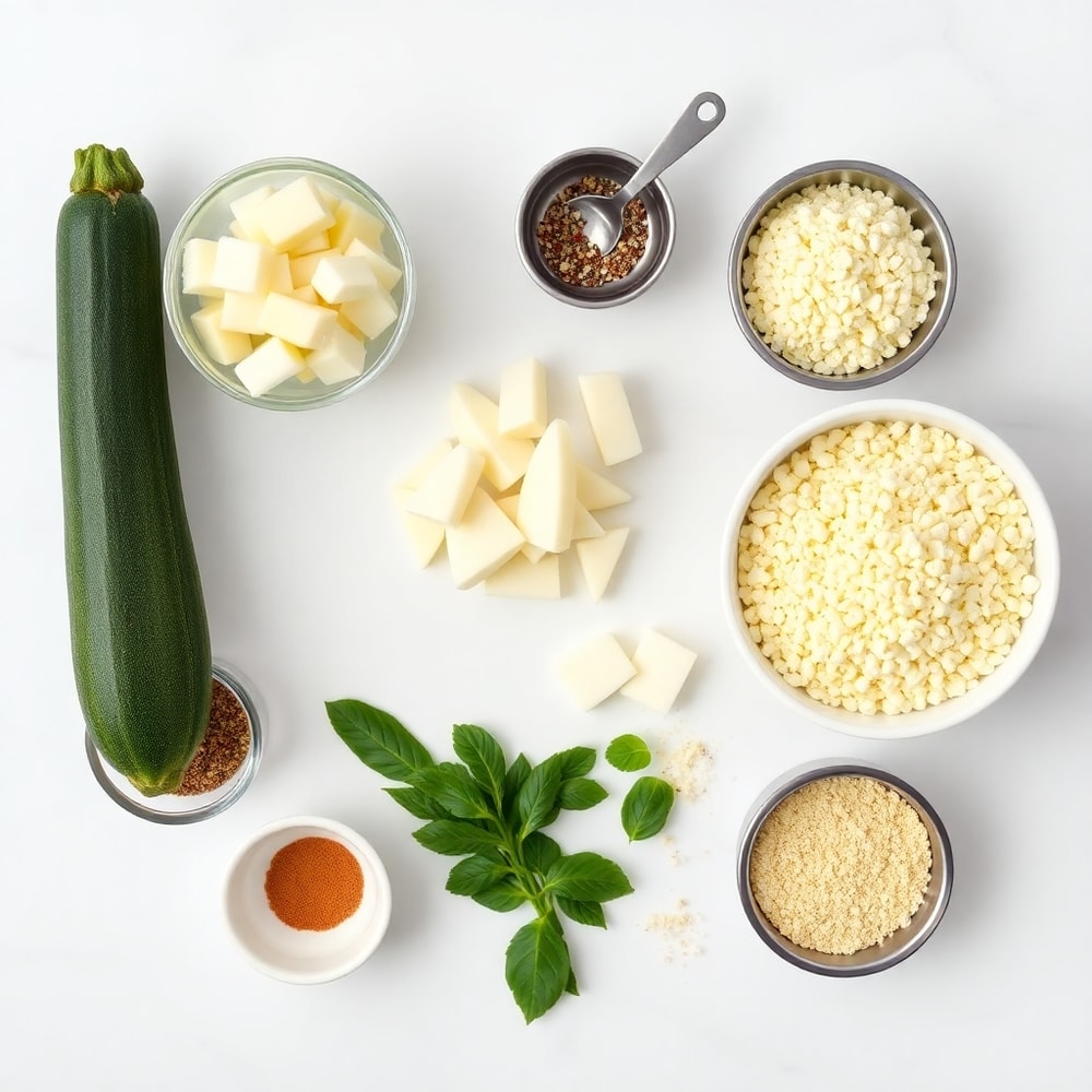 Raw zucchini, garlic, parmesan, mozzarella, breadcrumbs, and seasonings laid out