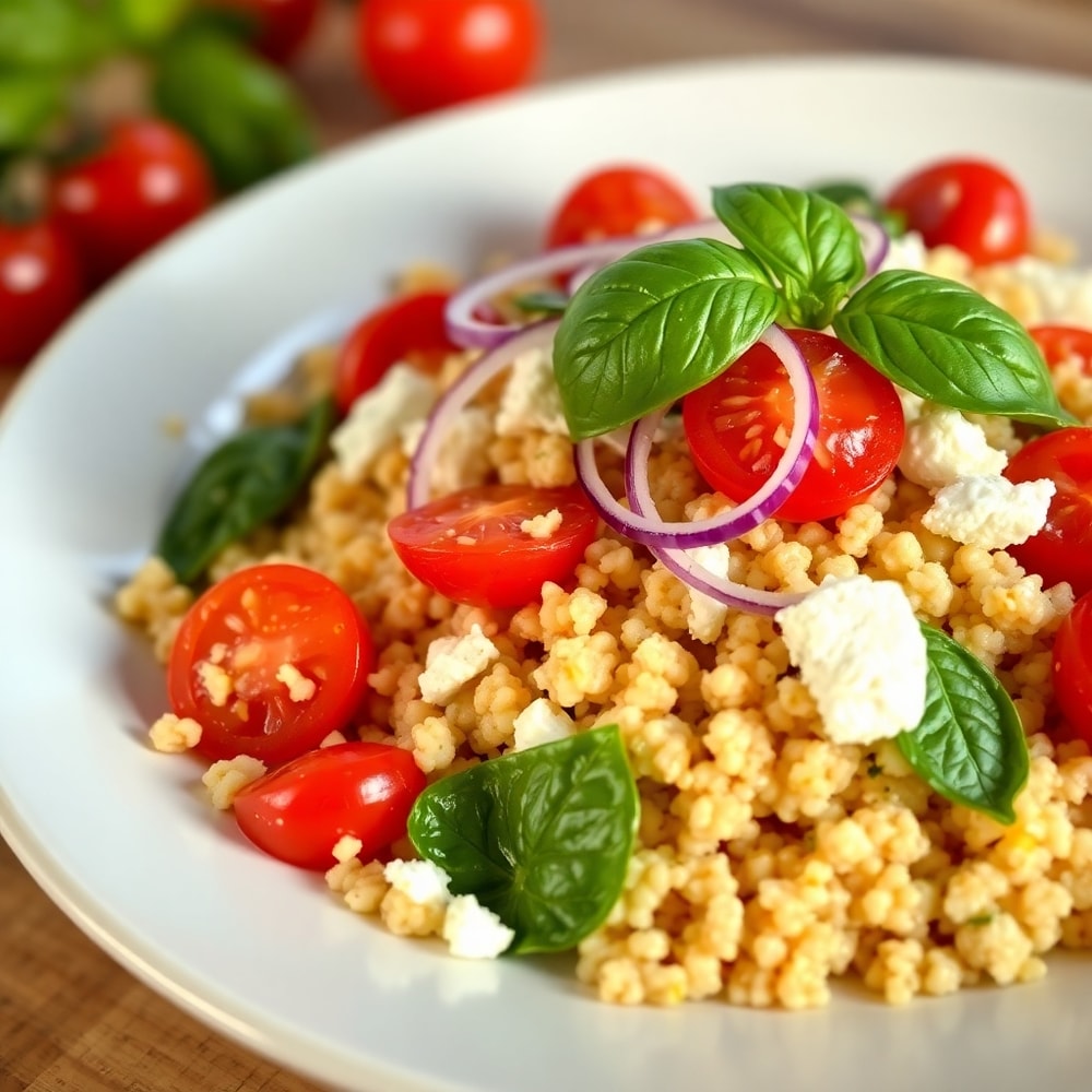 Plated cherry tomato couscous salad with fresh basil