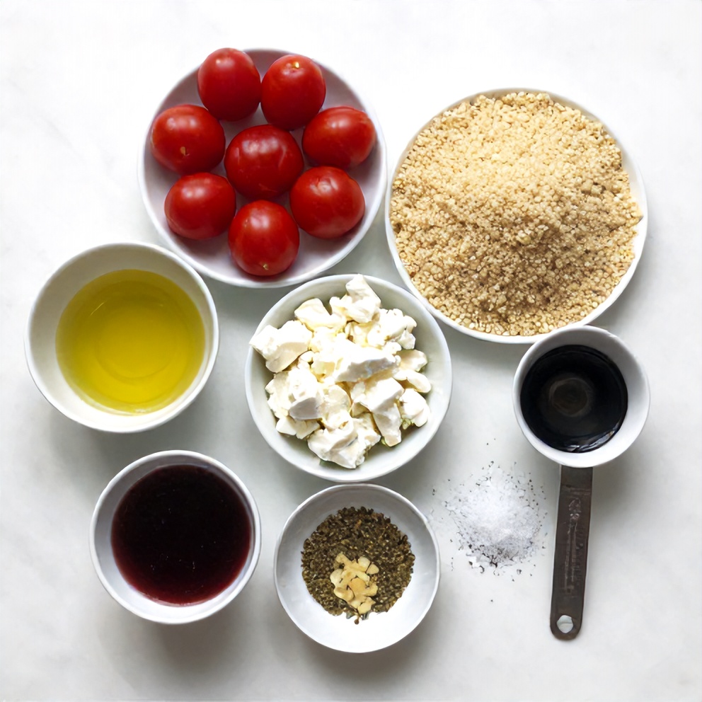 Raw ingredients for cherry tomato couscous salad on a marble surface