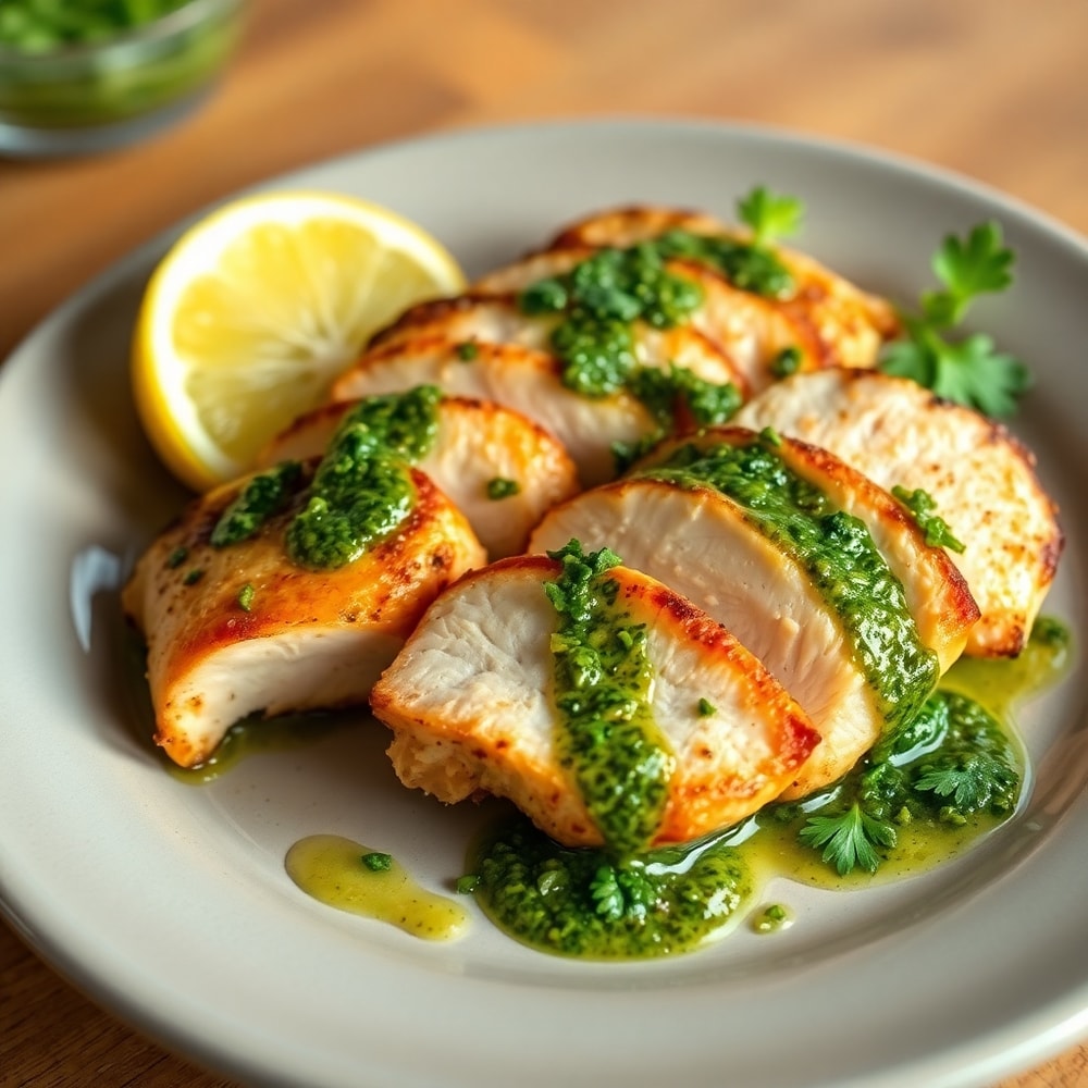 Plated chimichurri grilled chicken