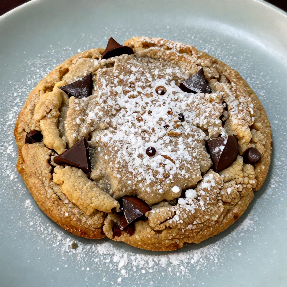A single chocolate chip cheesecake cookie on a light blue plate