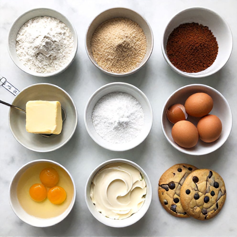 Raw ingredients for chocolate chip cheesecake cookies on a white marble surface