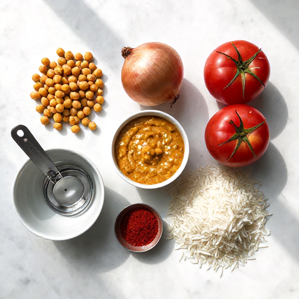 Chole Rice ingredients: chickpeas, onions, tomatoes, spices, and basmati rice