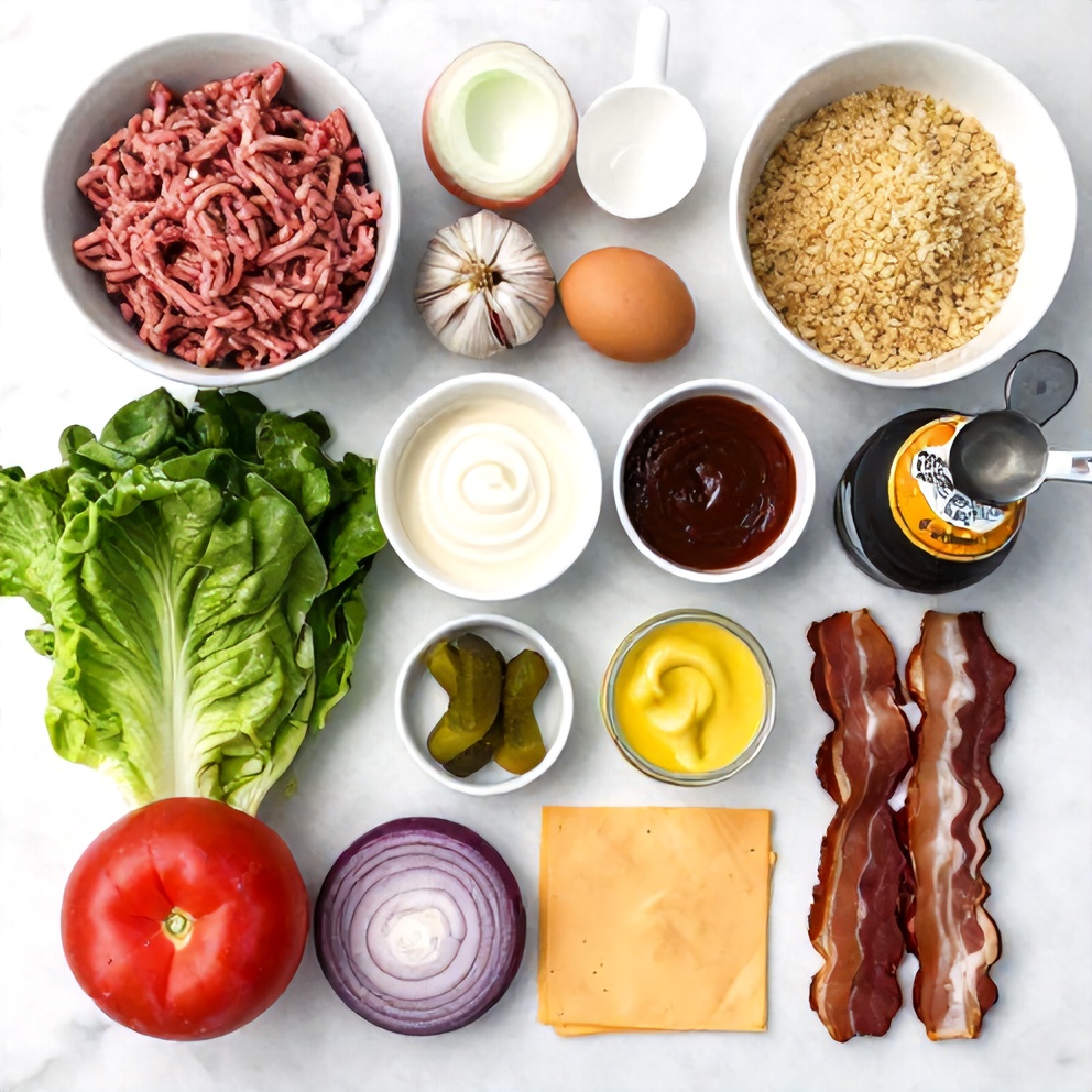 Raw ingredients for classic beef burgers and secret sauce