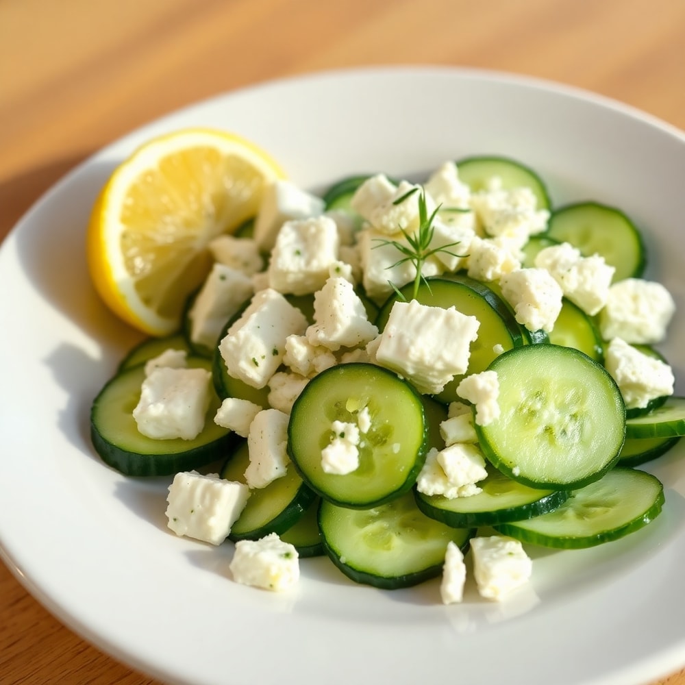 Plated Classic Cucumber Feta Salad with a lemon wedge