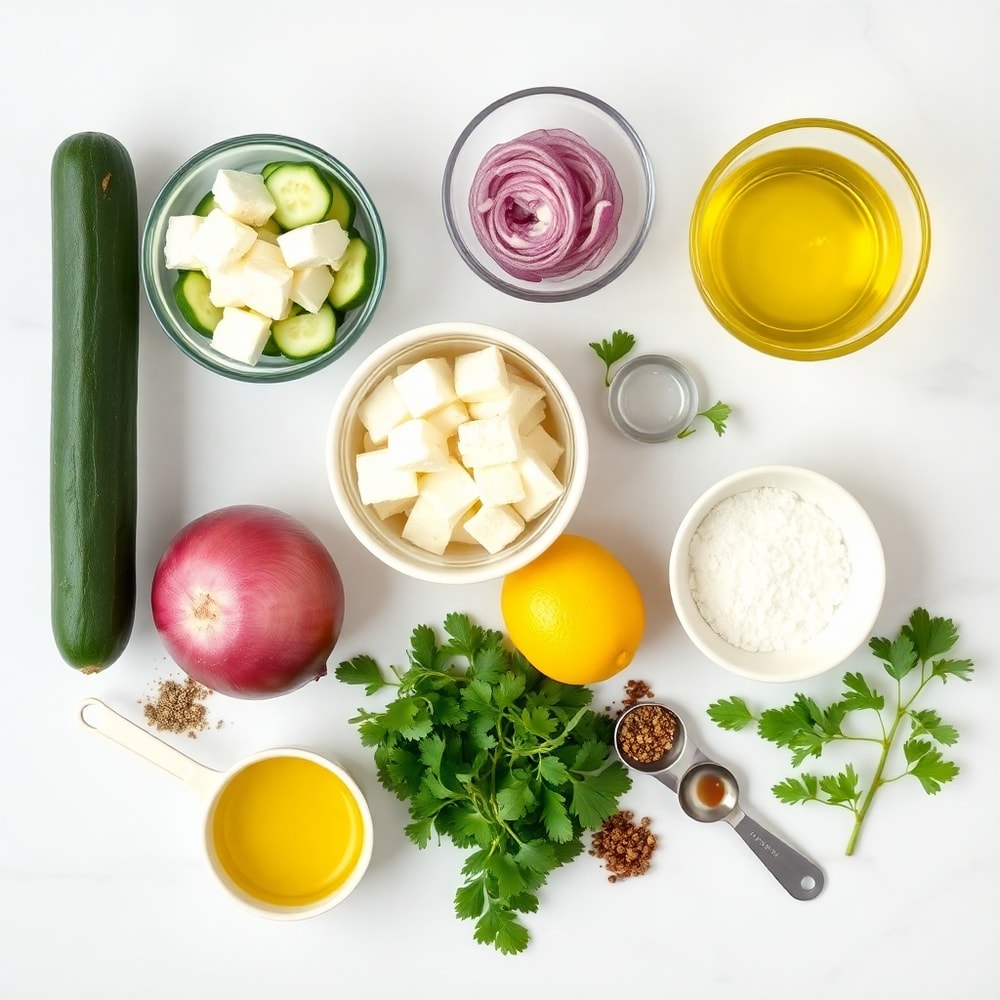 Cucumber, red onion, feta cheese, and fresh herbs on a marble surface