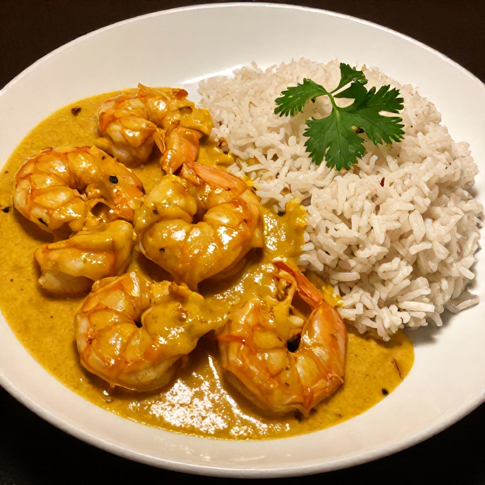 Plated coconut curry shrimp with a side of rice, garnished with fresh cilantro