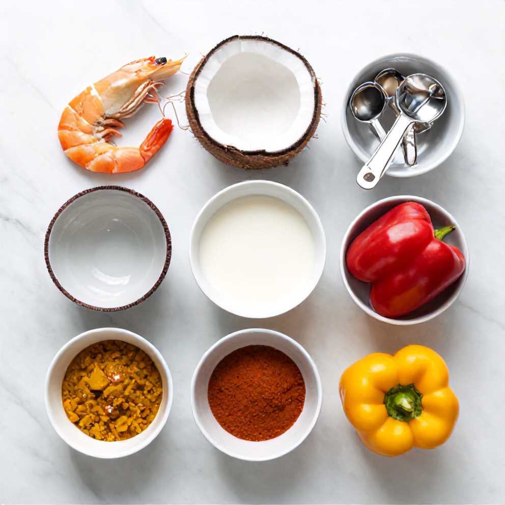 Raw ingredients for coconut curry shrimp including shrimp, coconut milk, curry powder, and bell peppers