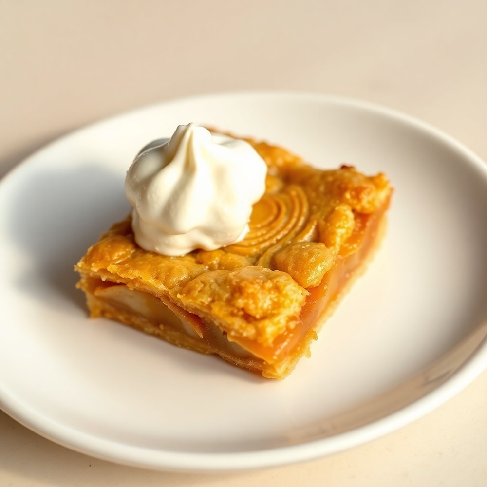 Apple pie bars on a white plate with a scoop of vanilla ice cream