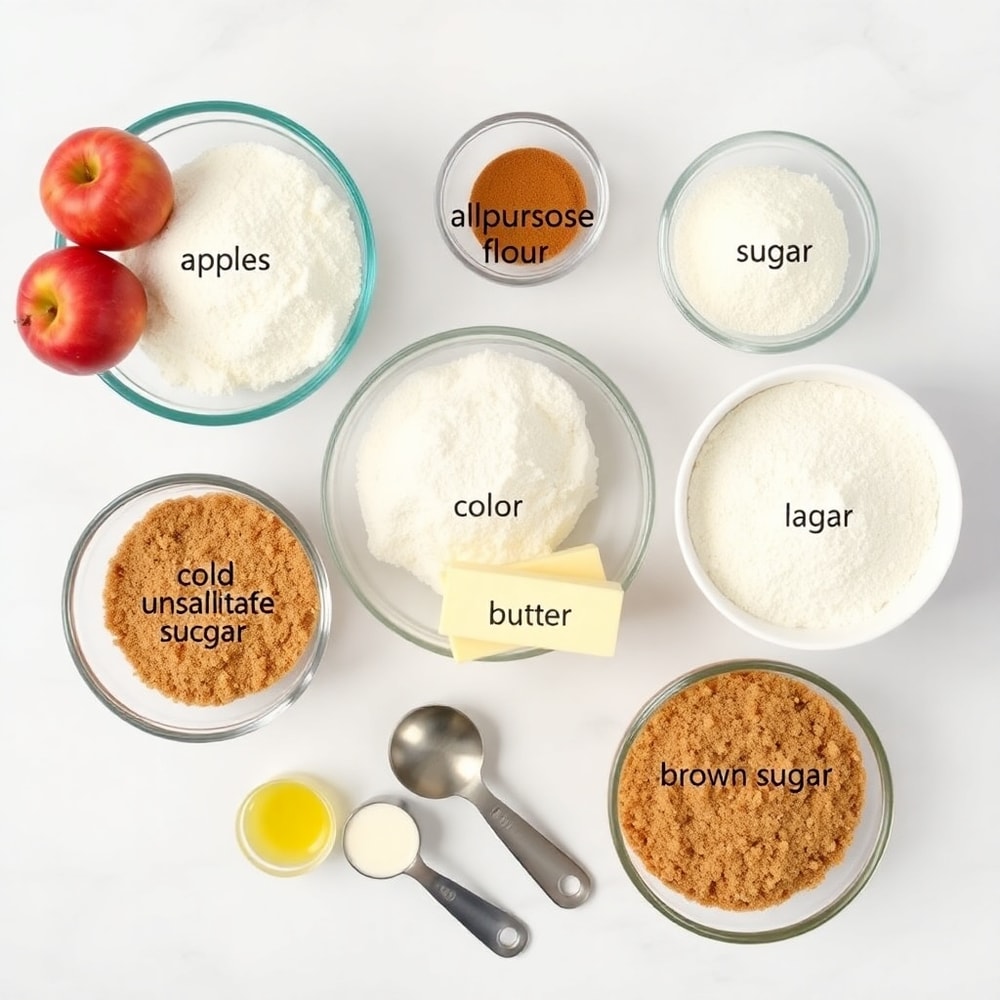 Apple pie bars ingredients on a white marble counter