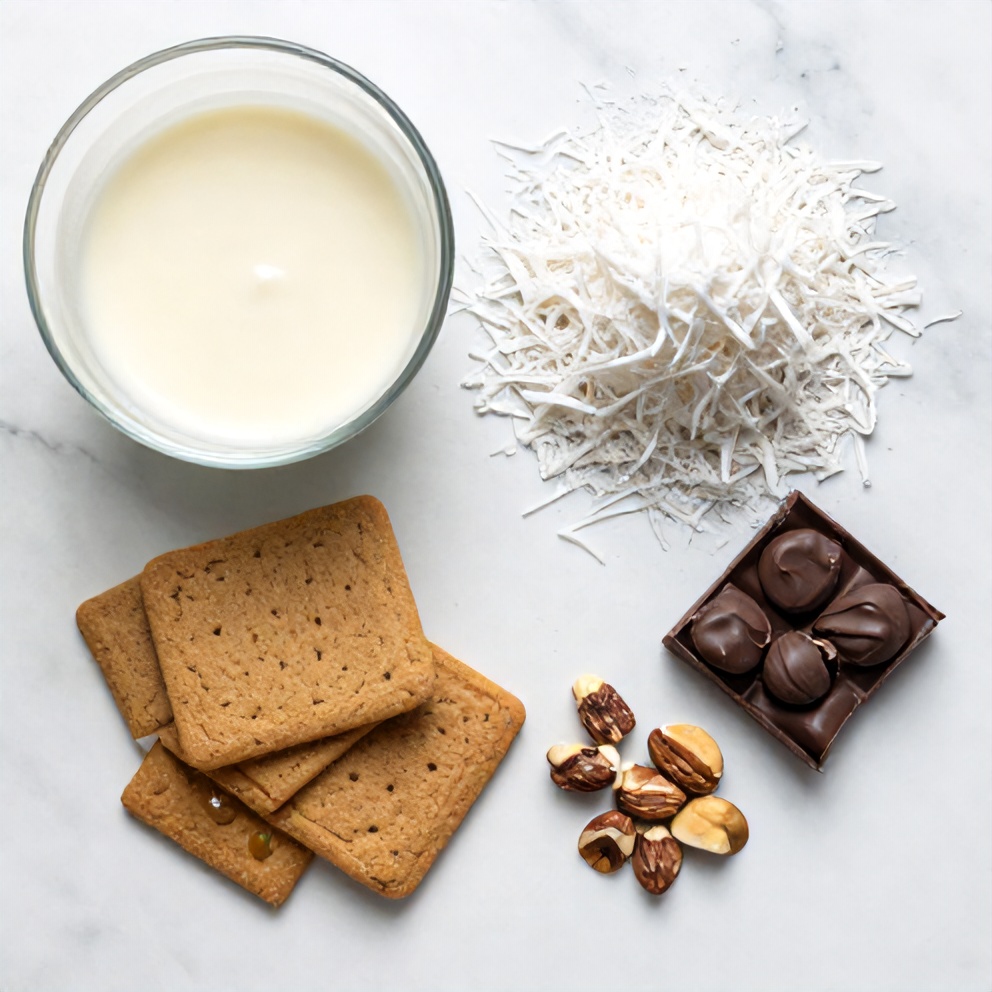 Overhead flat lay of ingredients for Coconut Magic Bars: graham crackers, sweetened condensed milk, shredded coconut, chocolate chips, and nuts