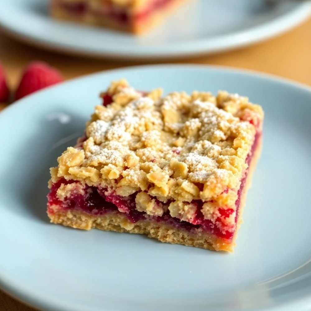 Raspberry Oatmeal Crumble Bars on a light blue plate