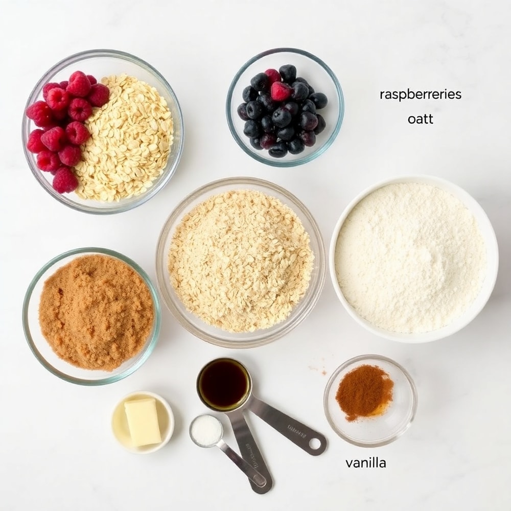 Raw ingredients for Raspberry Oatmeal Crumble Bars on a white marble surface
