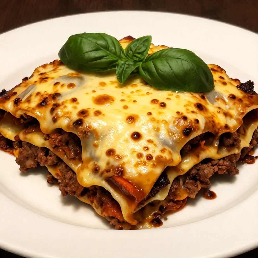 One perfect plated serving of Vegetarian Lasagna on a white plate, garnished with fresh basil