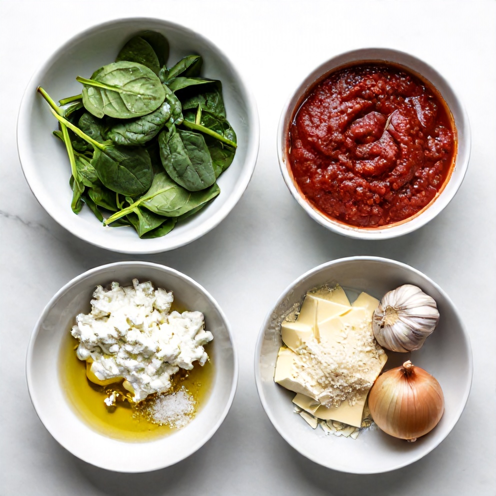 Overhead flat lay of raw ingredients for Vegetarian Lasagna: lasagna noodles, spinach, ricotta, marinara, mozzarella, parmesan, garlic, onion, olive oil, salt, pepper