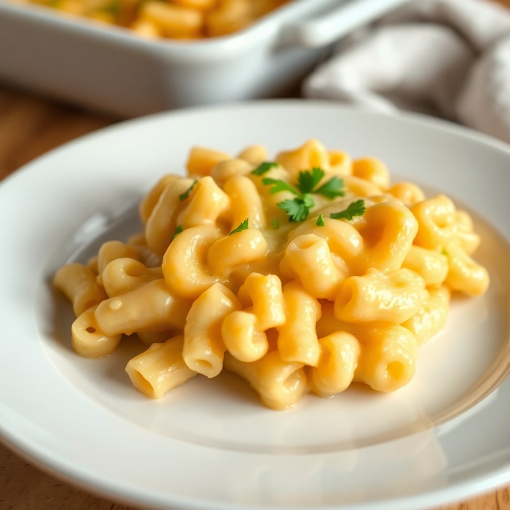 One perfect plated serving of Creamy Baked Macaroni and Cheese on a white plate, garnished with chopped parsley, warm side lighting showing creamy texture