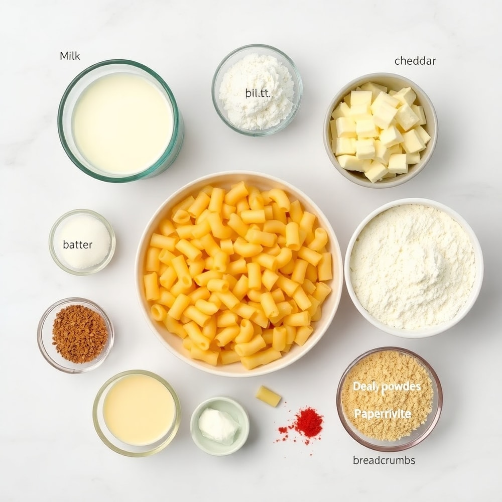 Overhead flat lay of raw ingredients for Creamy Baked Macaroni and Cheese: elbow macaroni, milk, butter, flour, cheddar cheese, gruyere cheese, heavy cream, salt, pepper, garlic powder, onion powder, breadcrumbs, paprika, white marble surface, bright even light