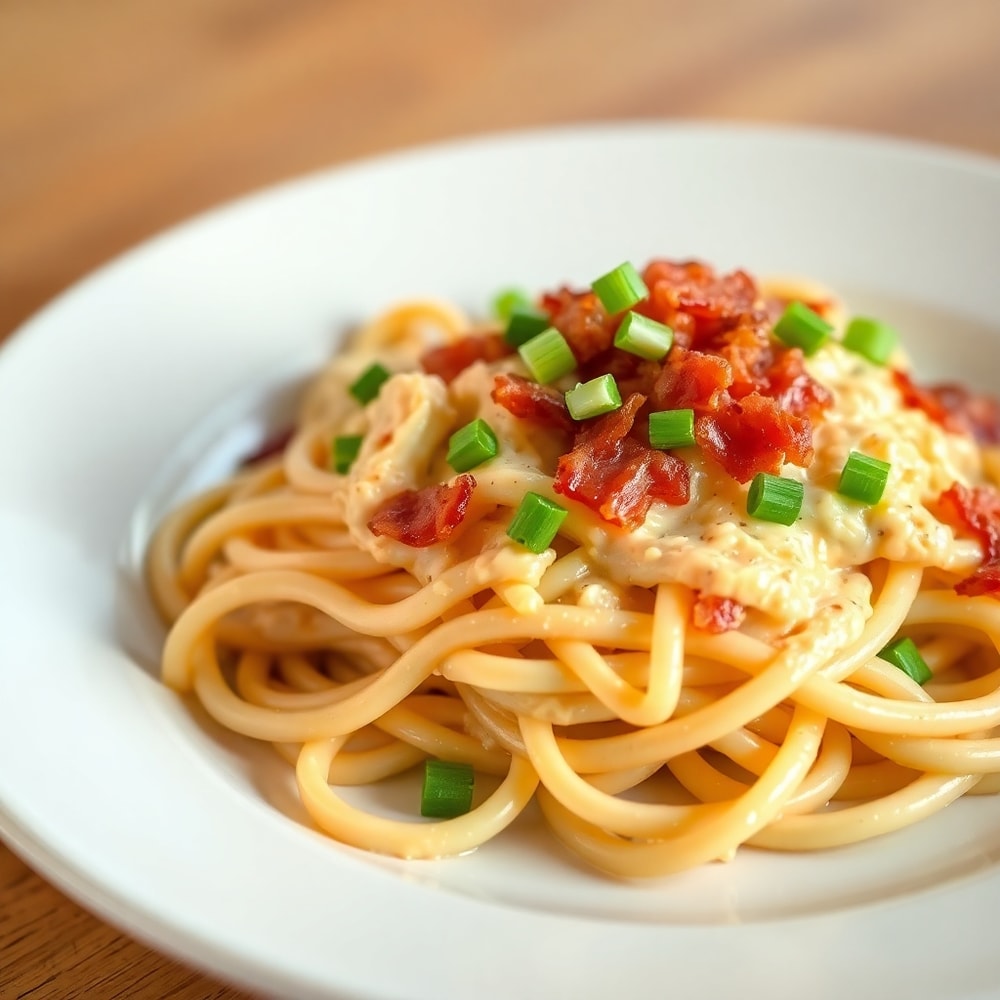 Plated creamy crack chicken pasta with crispy bacon and green onions