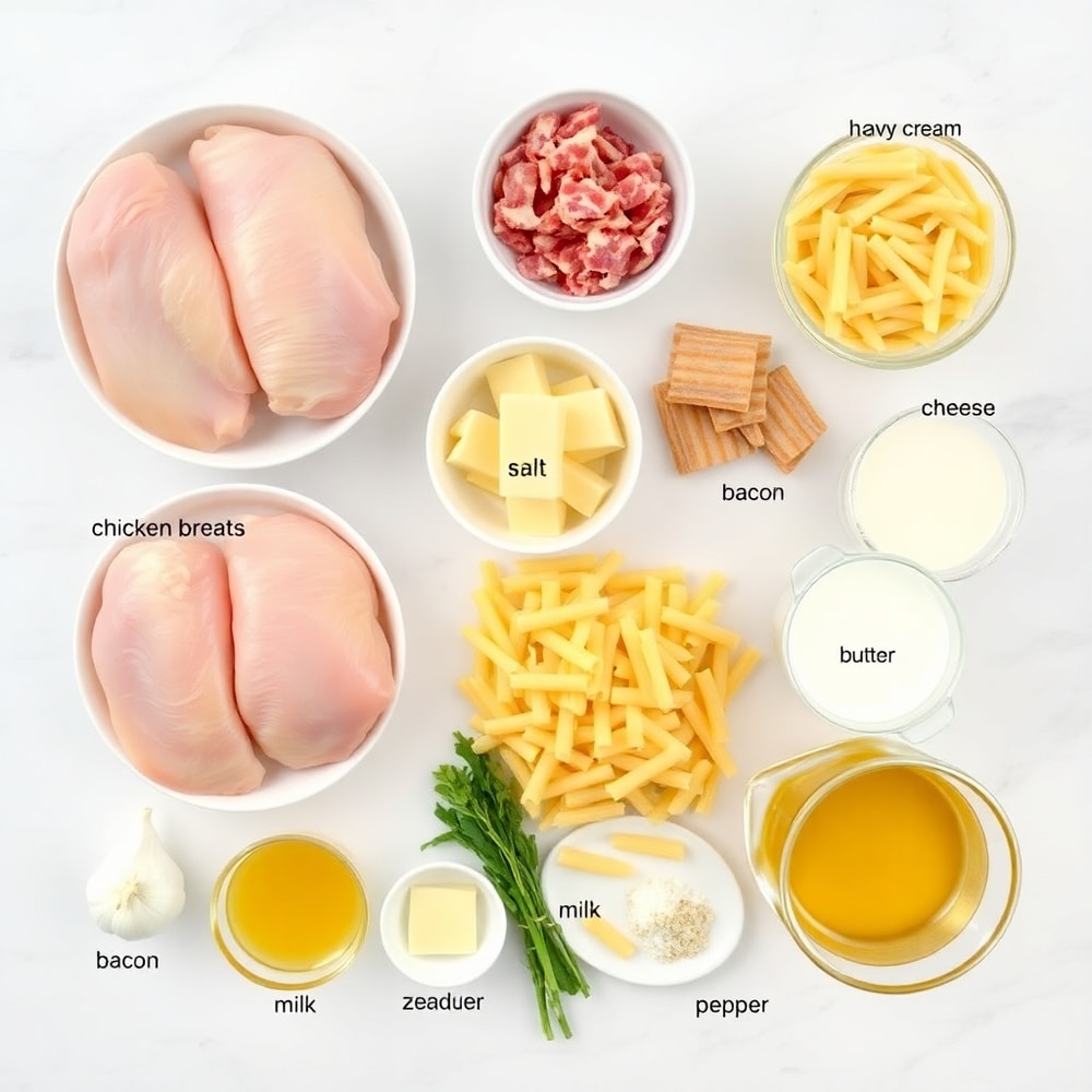 Raw ingredients for creamy crack chicken pasta: chicken breasts, bacon, pasta, heavy cream, cheddar cheese, garlic, butter, milk, salt, pepper