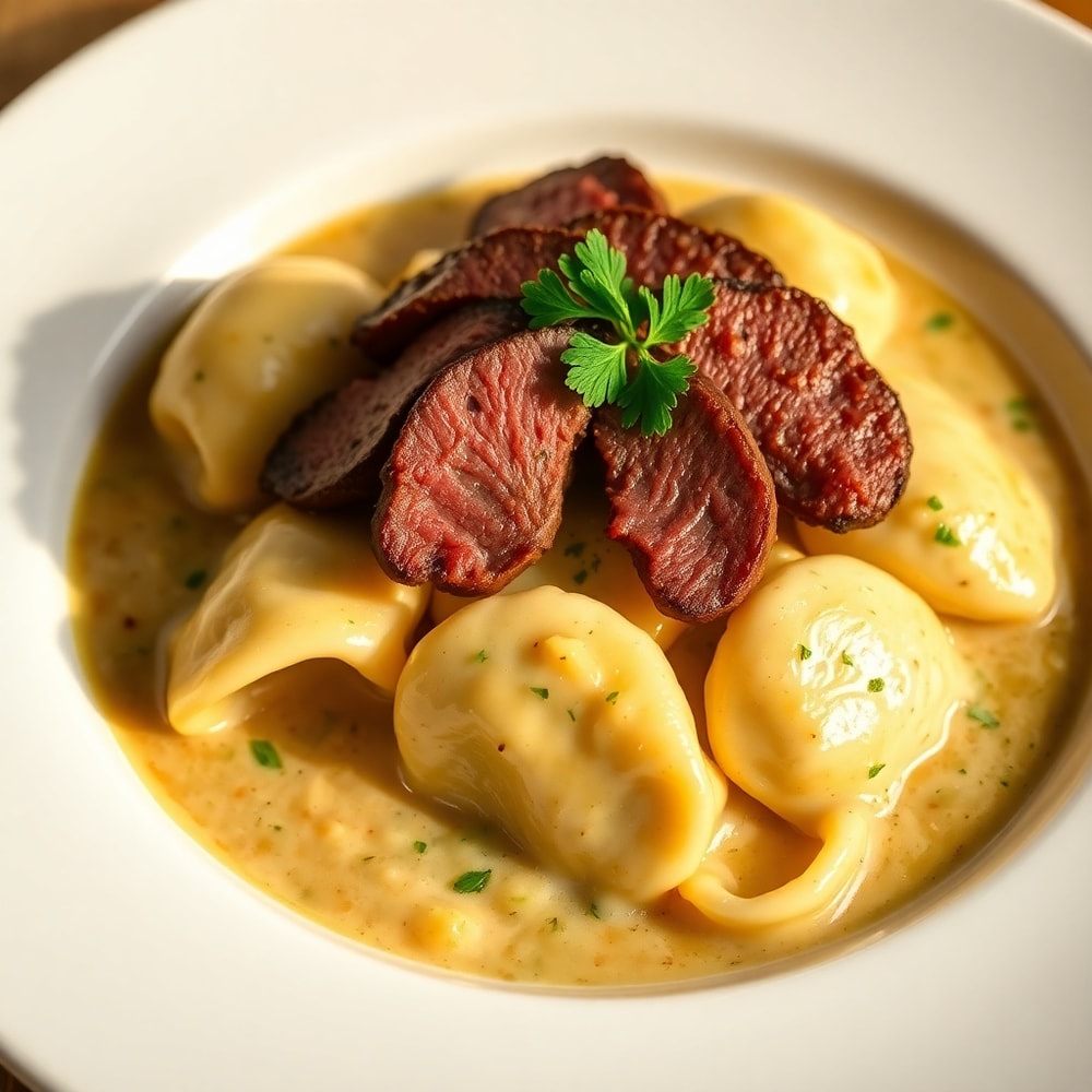 Plated Cracked Garlic Steak Tortellini