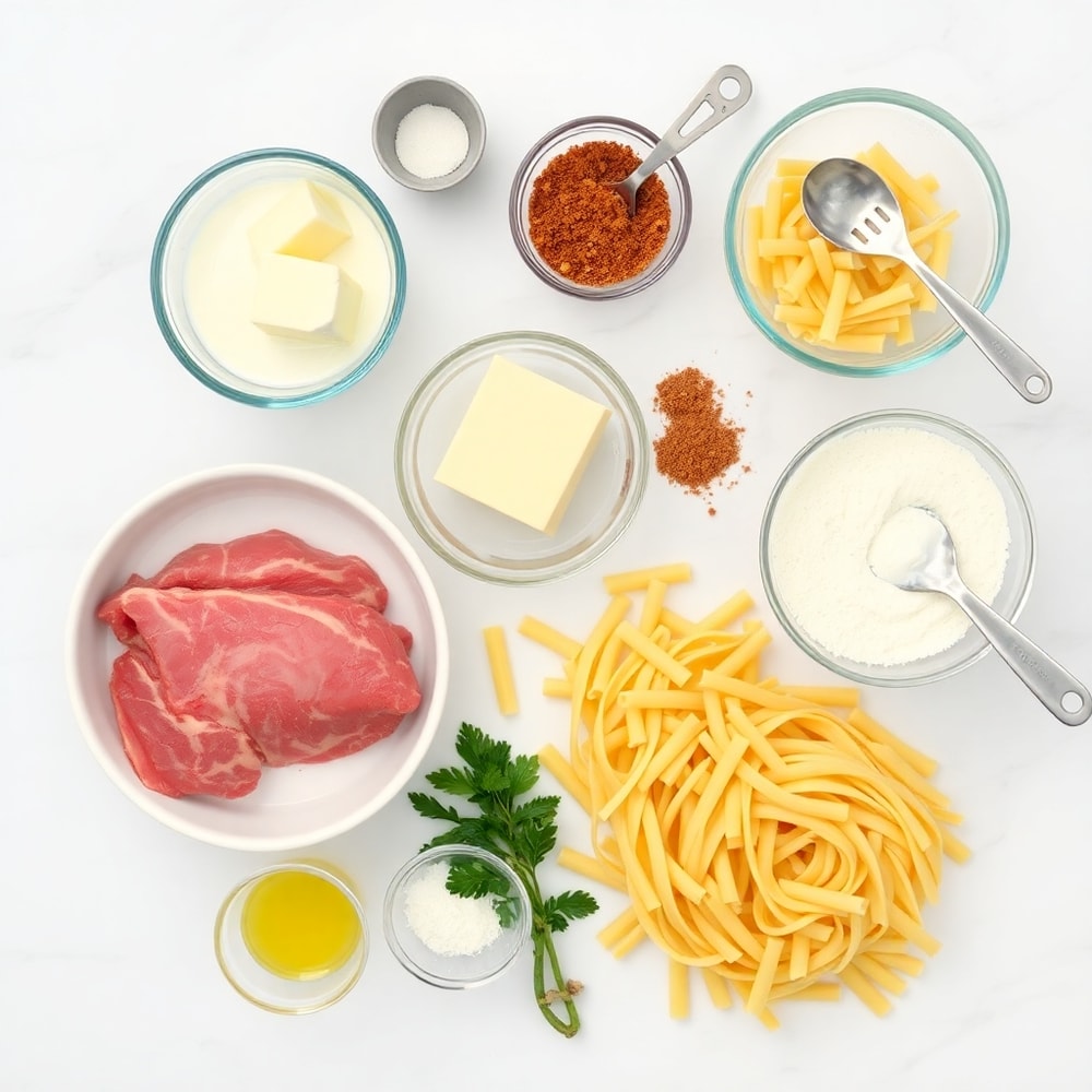 Raw Ingredients for Creamy Garlic Butter Steak Bites with Spicy Cajun Alfredo Twisted Pasta