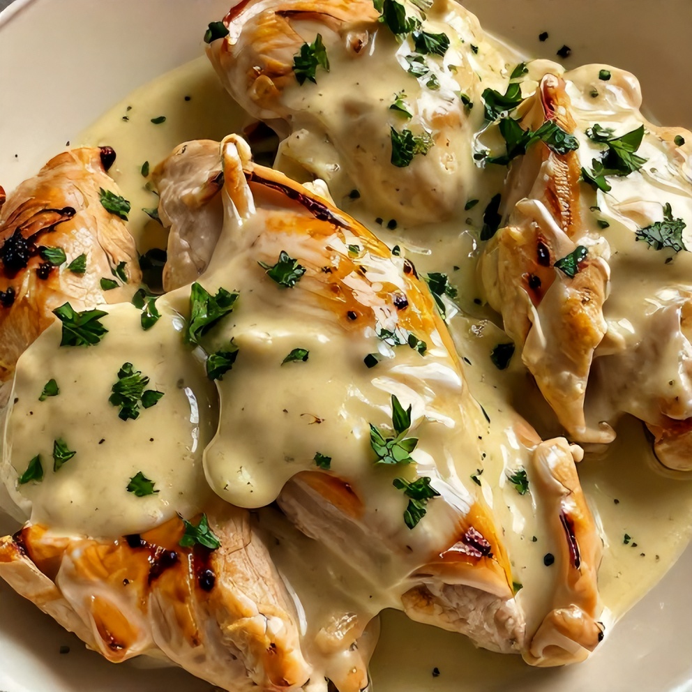 Plated creamy garlic parmesan chicken with parsley garnish