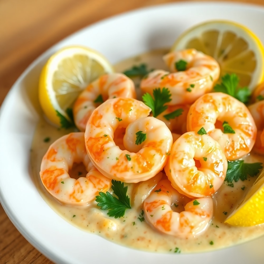 Plated creamy garlic shrimp with parsley