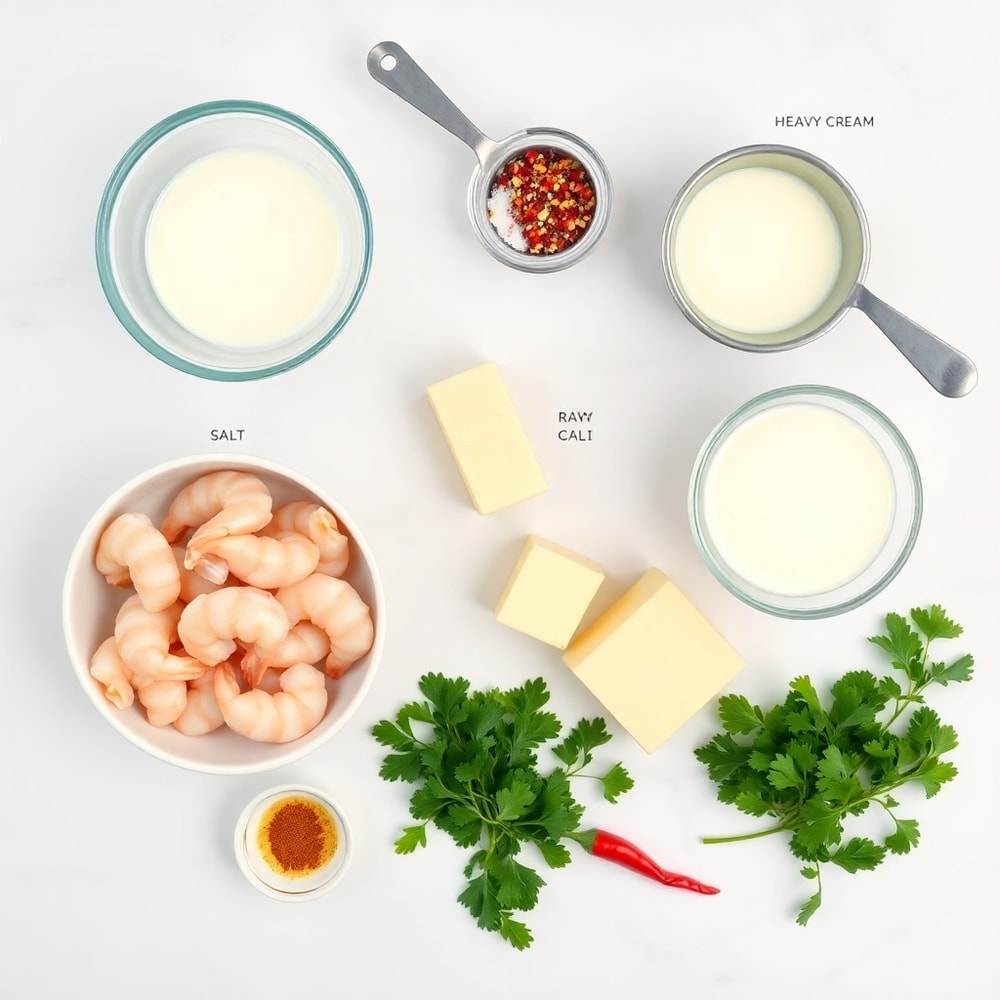 Raw ingredients for creamy garlic shrimp