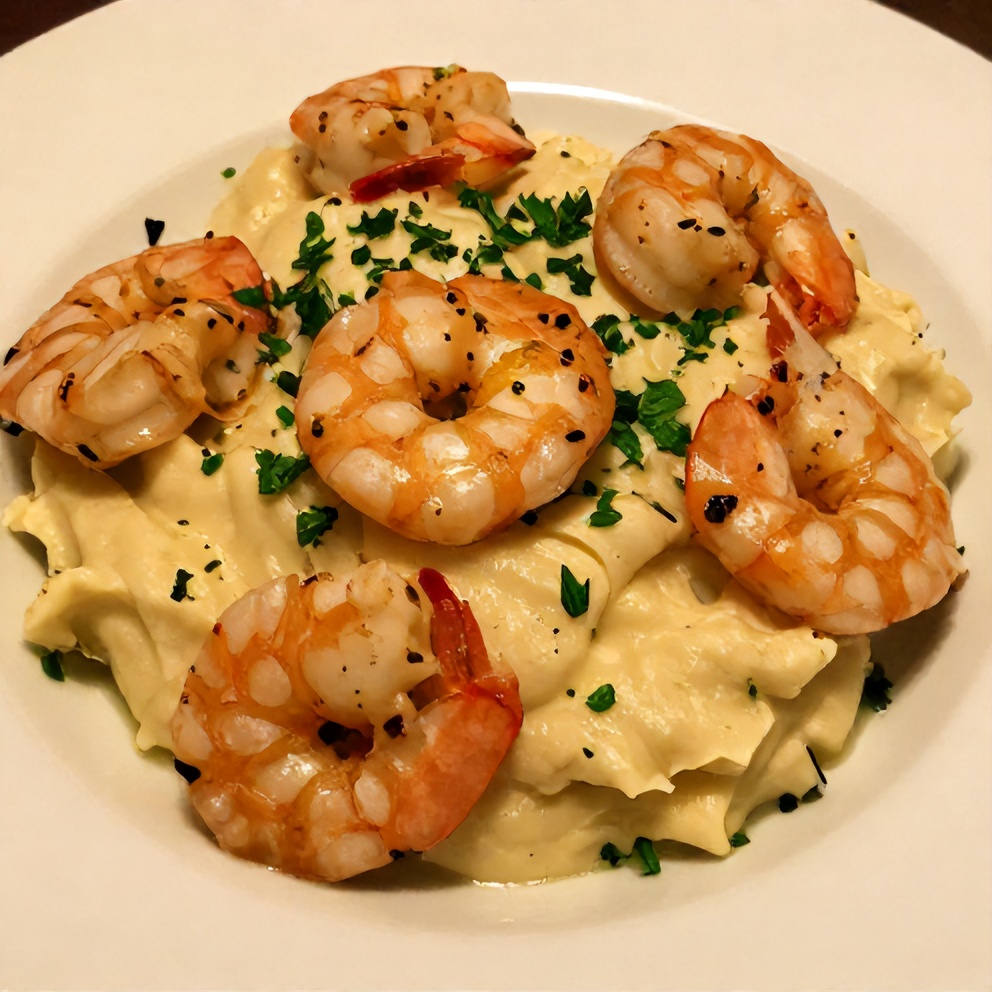 Plated Creamy Garlic Shrimp Over Mashed Potatoes