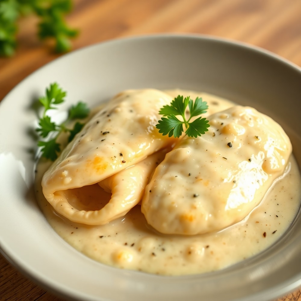 Plated creamy mozzarella garlic butter chicken bowties with parsley garnish