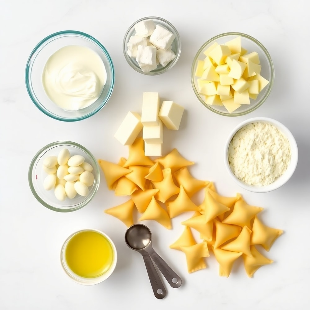 Raw ingredients for creamy mozzarella garlic butter chicken bowties on a marble surface
