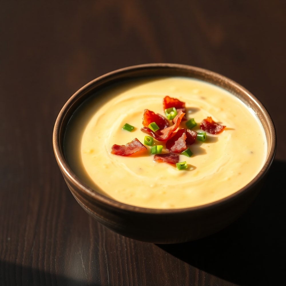 Bowl of creamy potato soup with crispy bacon and green onions