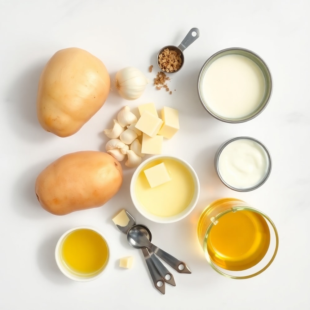 Raw ingredients for creamy potato soup: potatoes, onions, garlic, butter, heavy cream, chicken broth