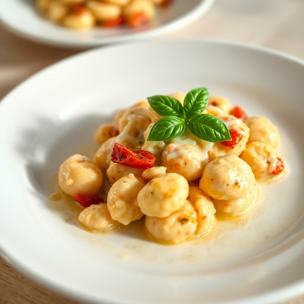 One perfect plated serving of Creamy Sundried Tomato Gnocchi on a white plate, garnished with fresh basil, close crop, warm side lighting highlighting the creamy sauce and melted cheese
