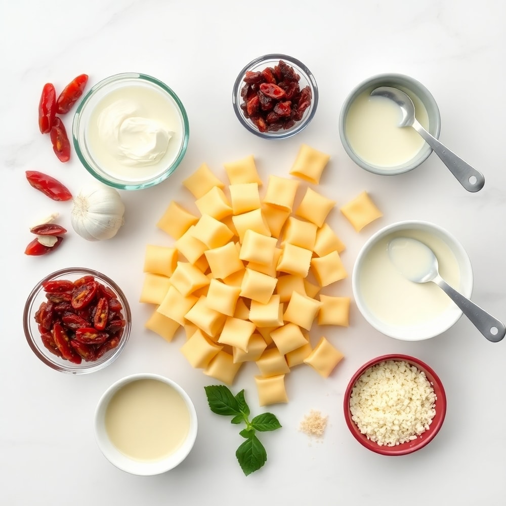 Raw ingredients for Creamy Sundried Tomato Gnocchi arranged in an overhead flat lay on a white marble surface, including gnocchi, sundried tomatoes, garlic, cream, and parmesan, with prep bowls and measuring spoons visible