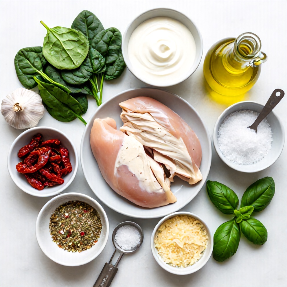 Raw Ingredients for Creamy Tuscan Chicken Pasta