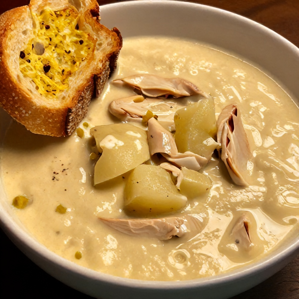 Bowl of Creamy Tuscan Chicken Potato Soup with a side of garlic bread
