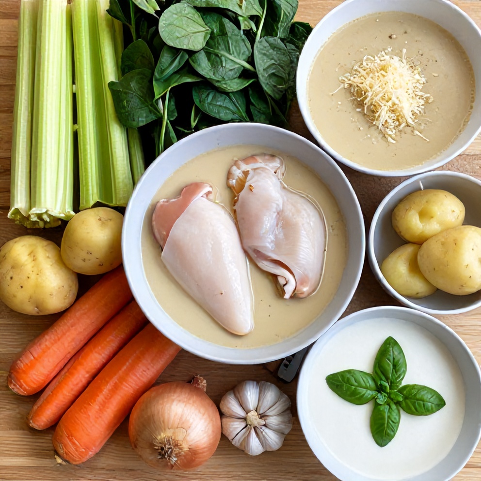 Raw ingredients for Creamy Tuscan Chicken Potato Soup laid out on a wooden surface