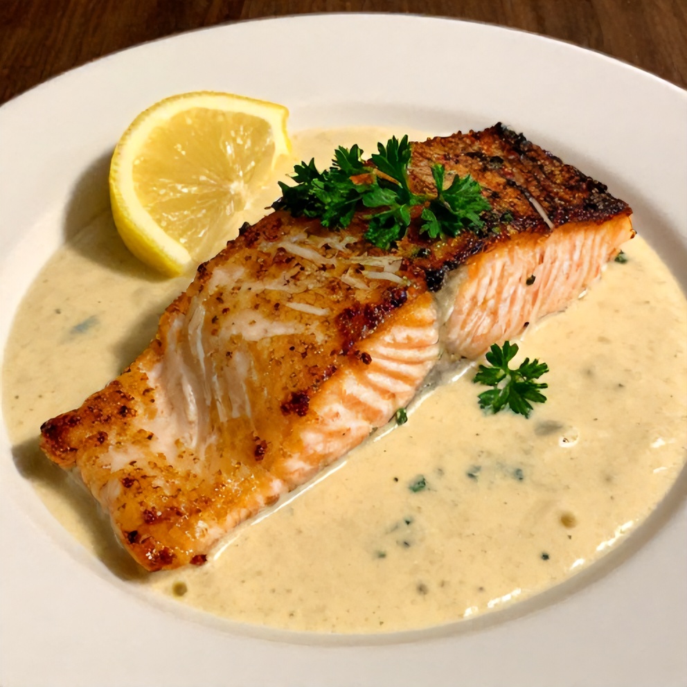 Plated Creamy Tuscan Salmon with lemon wedge