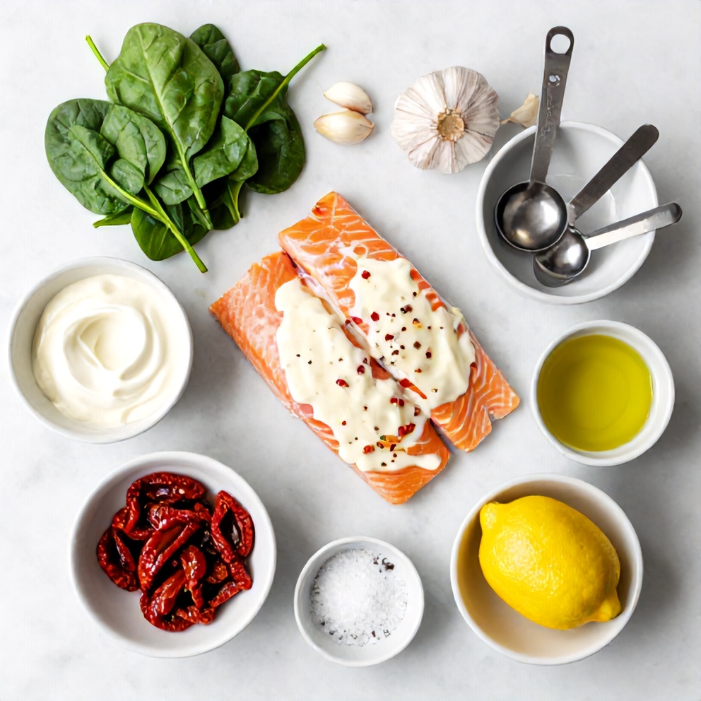 Raw ingredients for Creamy Tuscan Salmon