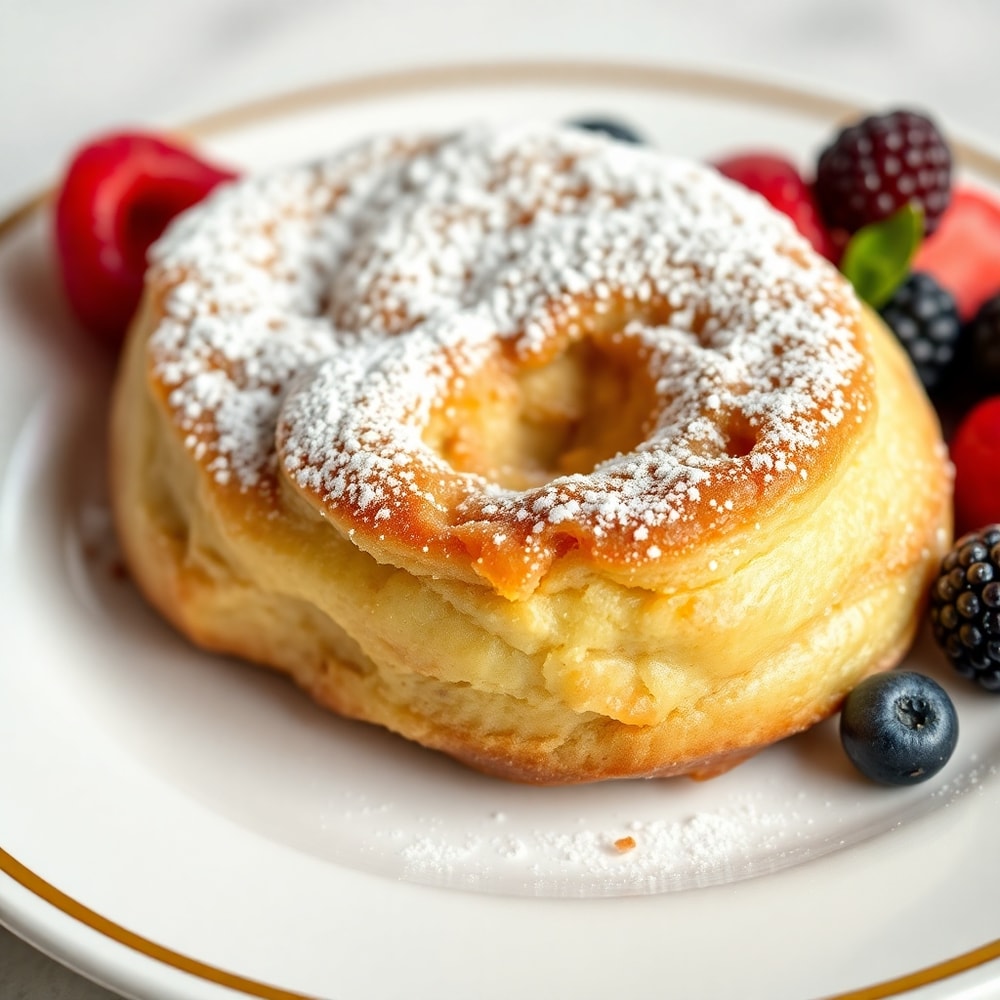 Plated Amish Cinnamon Flop with powdered sugar and a side of mixed berries