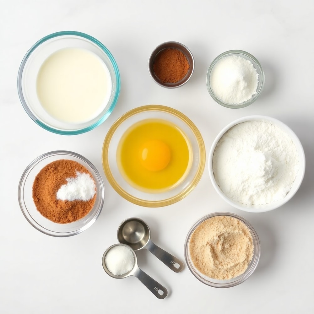 Raw ingredients for Amish Cinnamon Flop: flour, milk, eggs, cinnamon, sugar, and baking powder