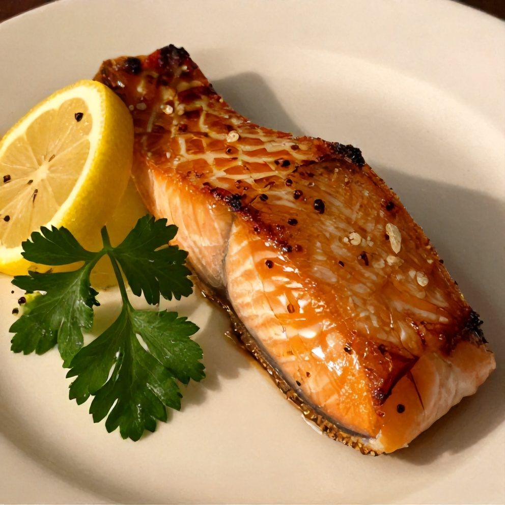 Plated Apricot Dijon Glazed Salmon with lemon slice