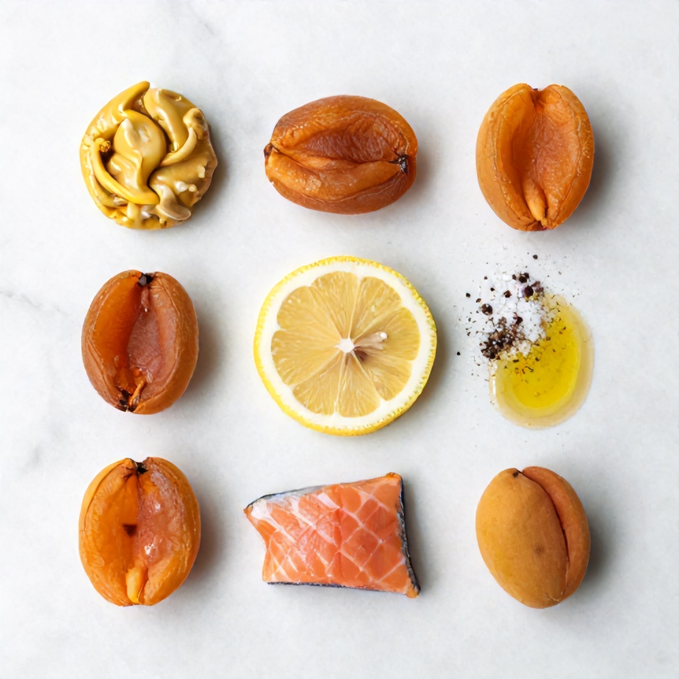 Raw ingredients for Apricot Dijon Glazed Salmon laid out