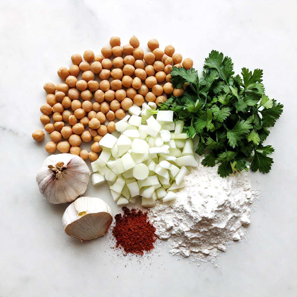 Chickpeas, garlic, parsley, spices, and flour on a wooden surface