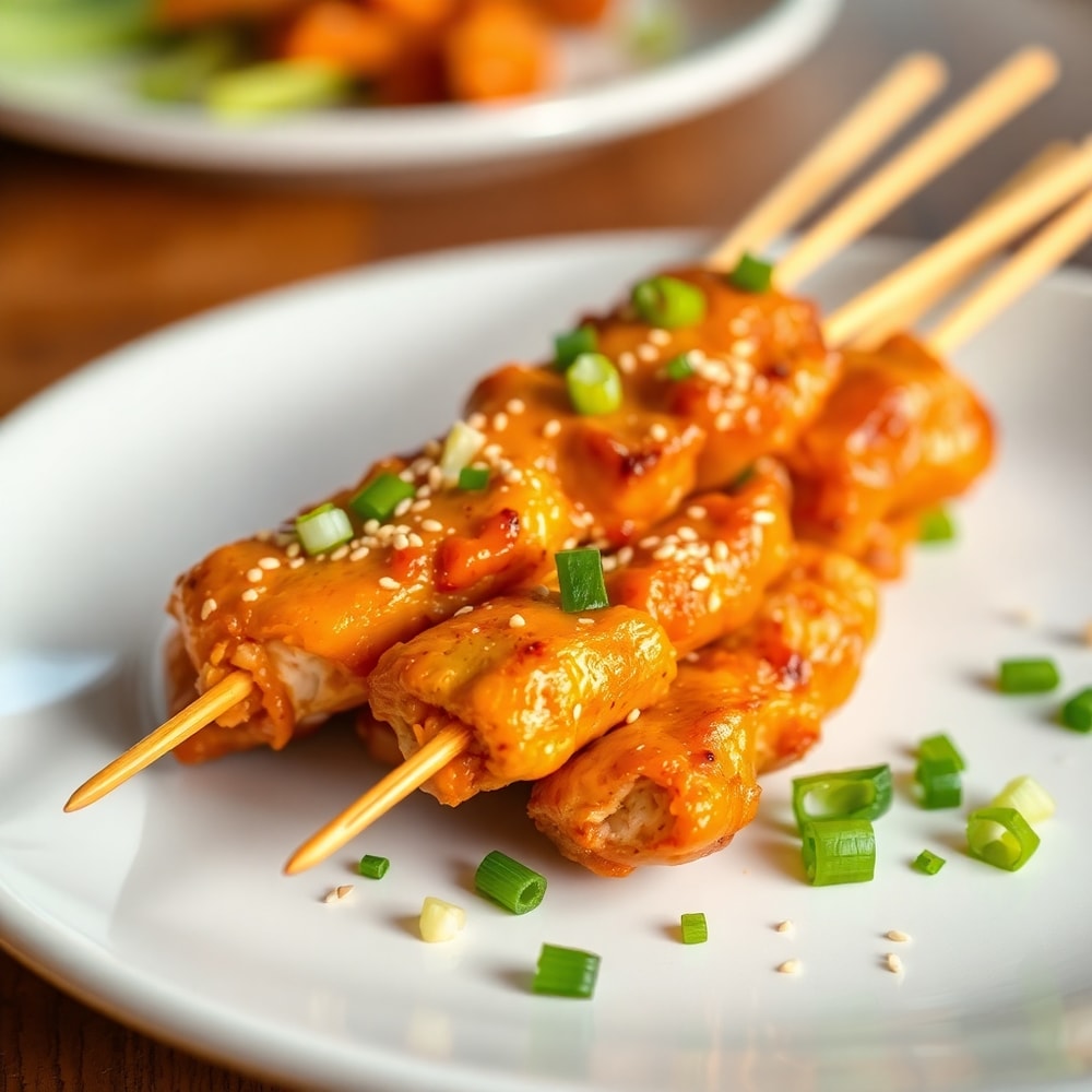 Plated Bang Bang Chicken Skewers on a white plate
