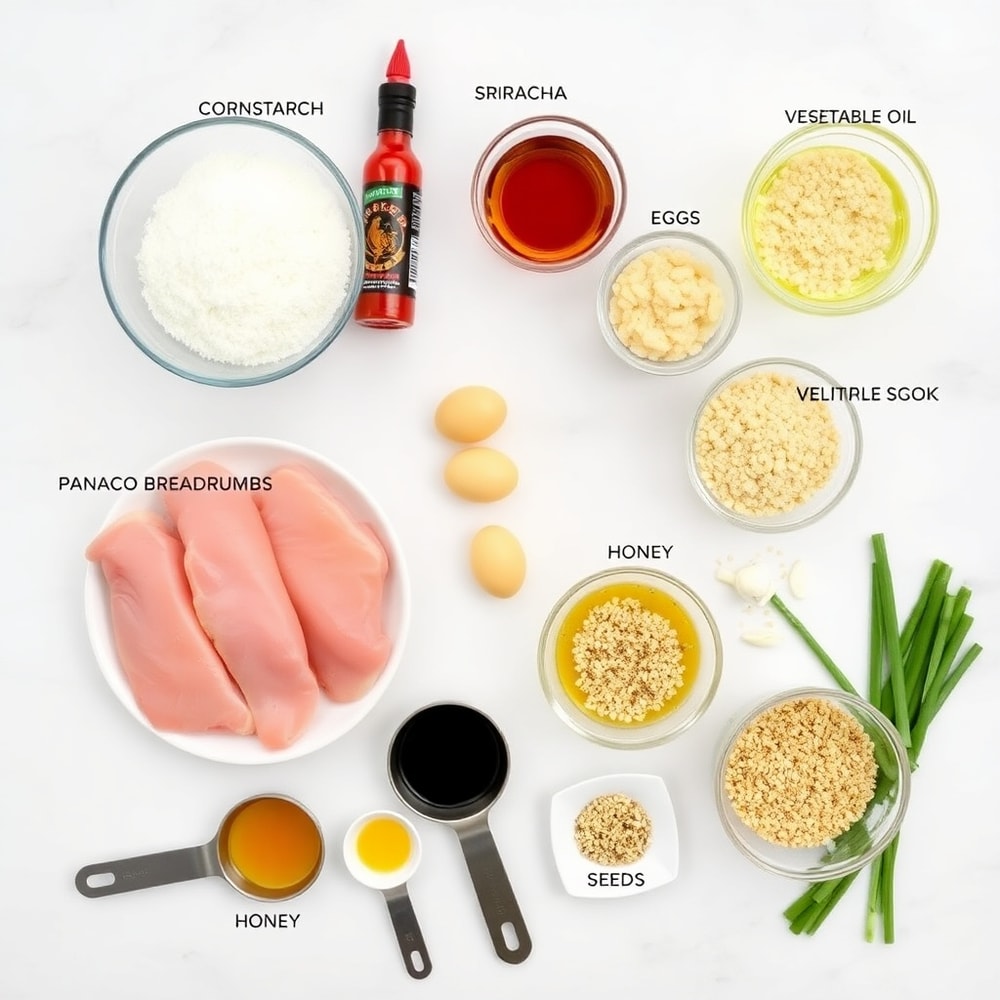 Raw ingredients for Bang Bang Chicken Skewers on a white marble surface