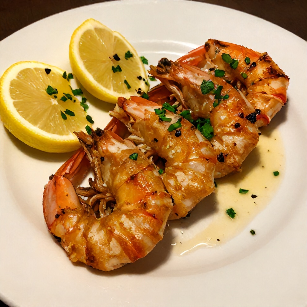 Plated Blackstone Shrimp with lemon wedges and parsley